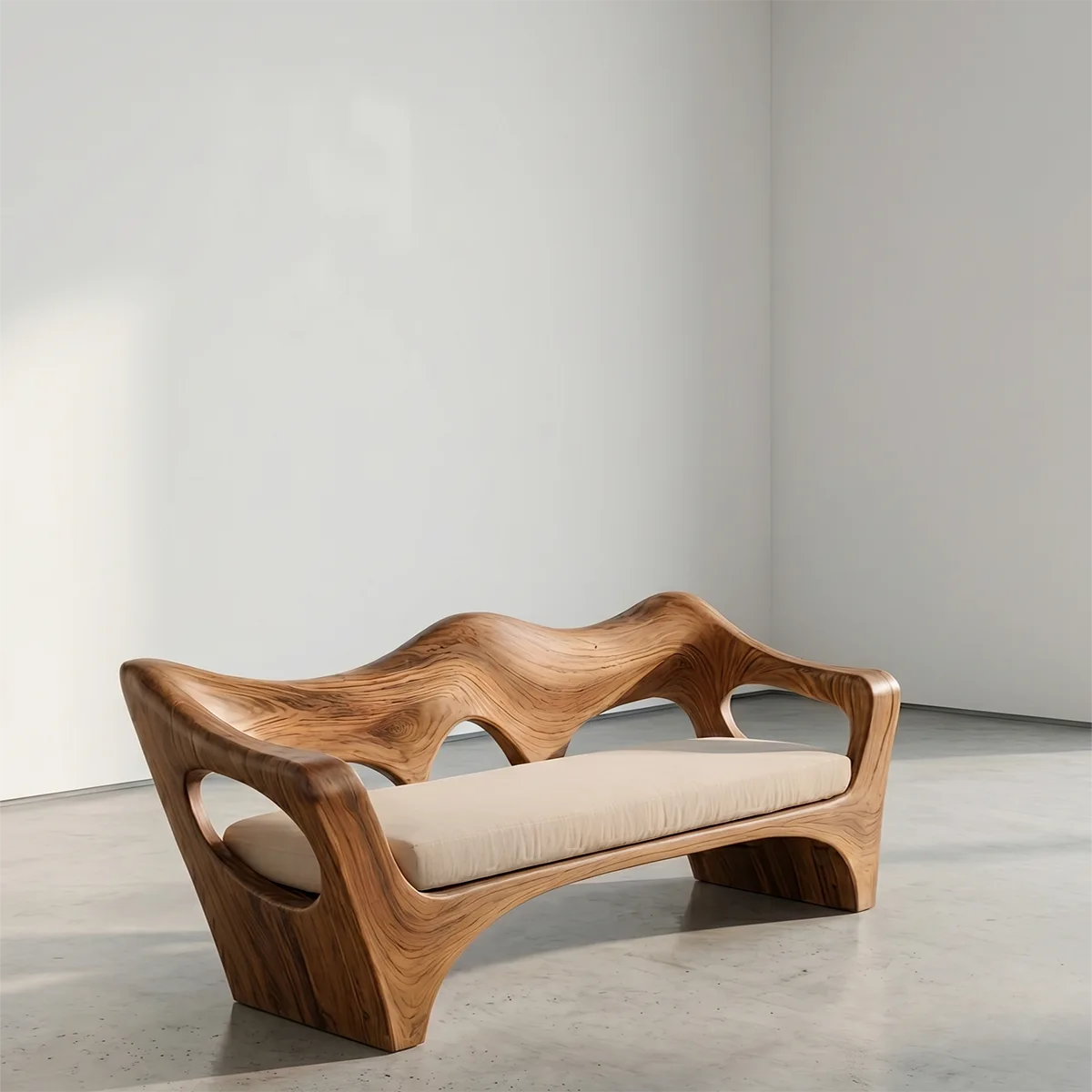 Organic Wave Sculptural Wooden Sofa with Handcrafted Artisan Frame