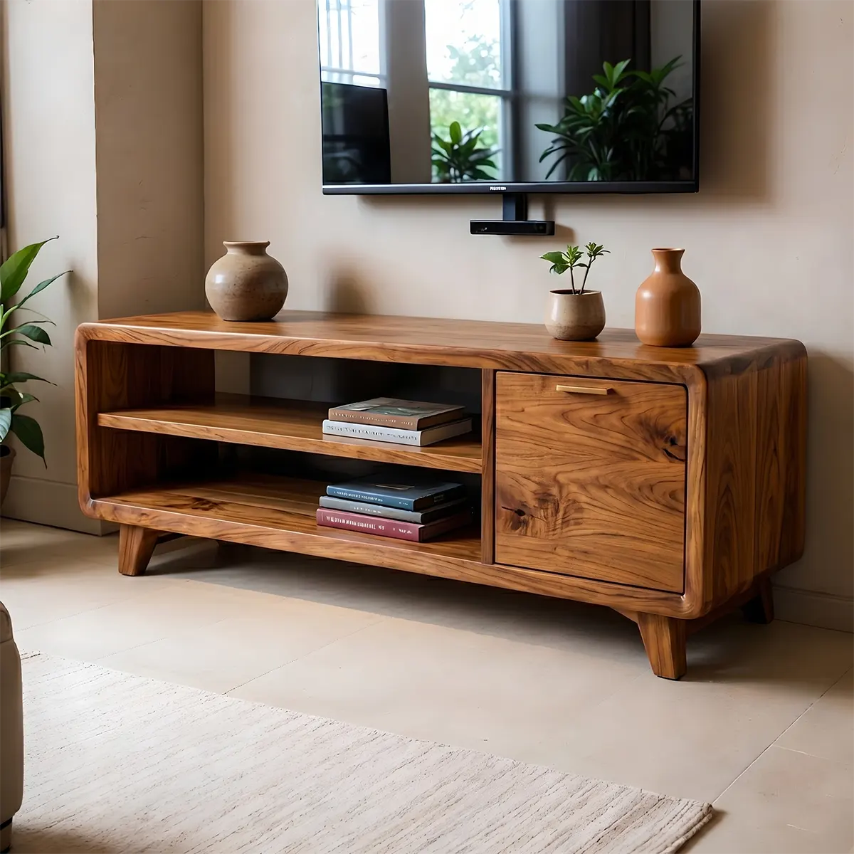 Modern Solid Wood Rounded TV Stand with Cabinet and Open Shelves