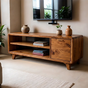 Modern Solid Wood Rounded TV Stand with Cabinet and Open Shelves