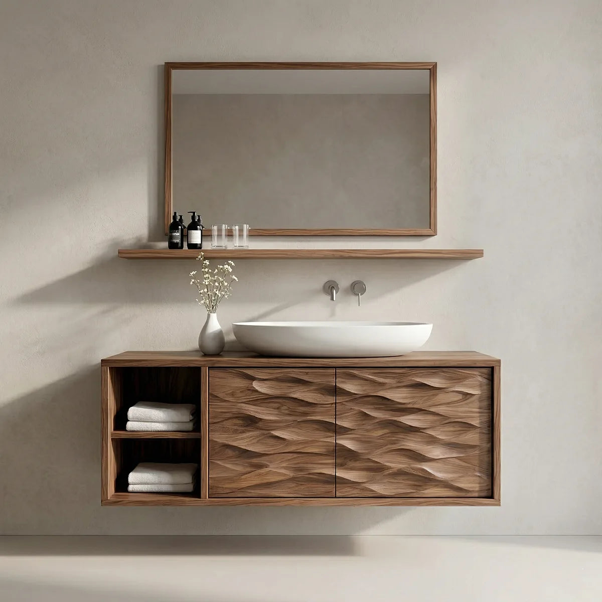 Floating Solid Wood Bathroom Vanity with Carved Wave Doors and Open Side Shelves
