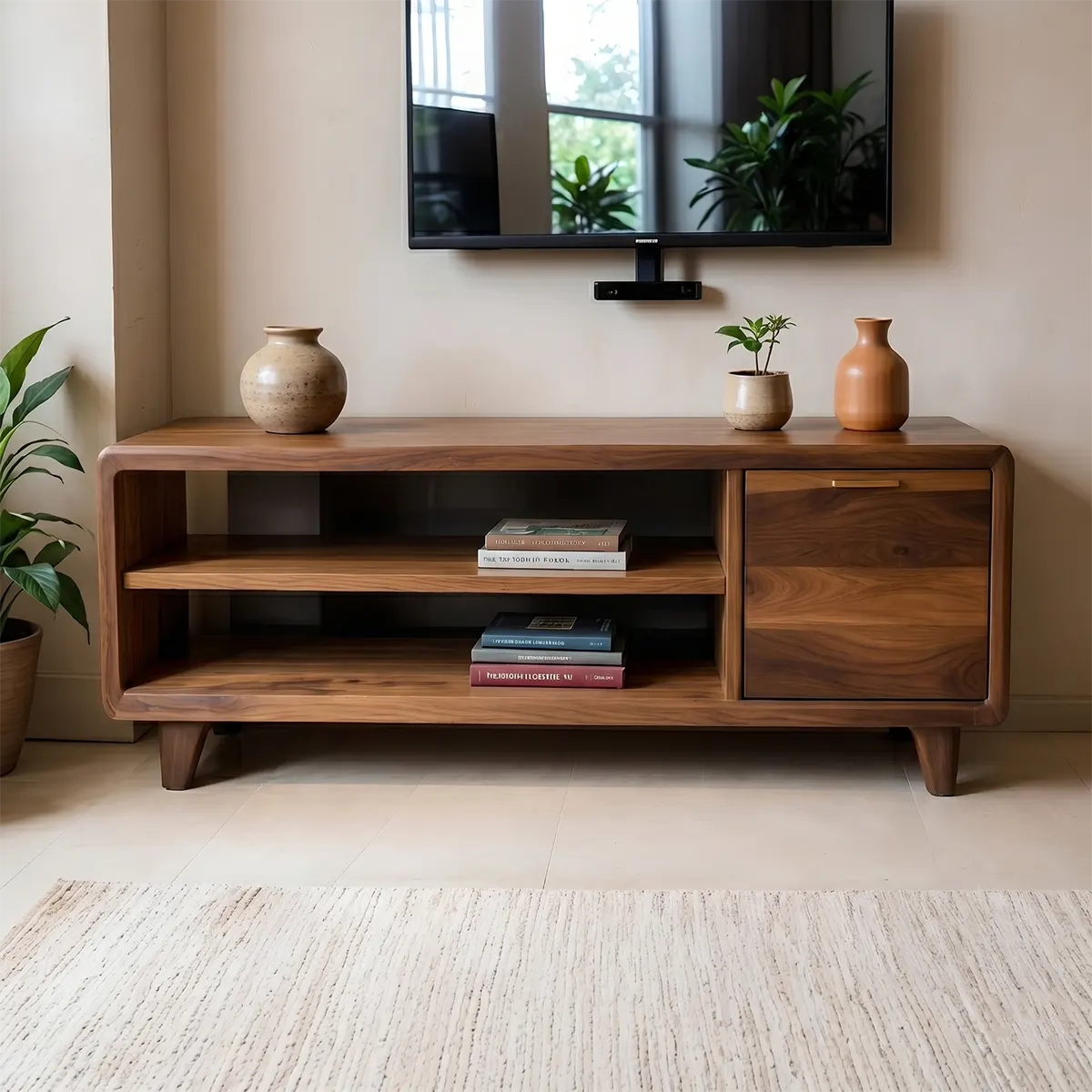 Modern Solid Wood Rounded TV Stand with Cabinet and Open Shelves