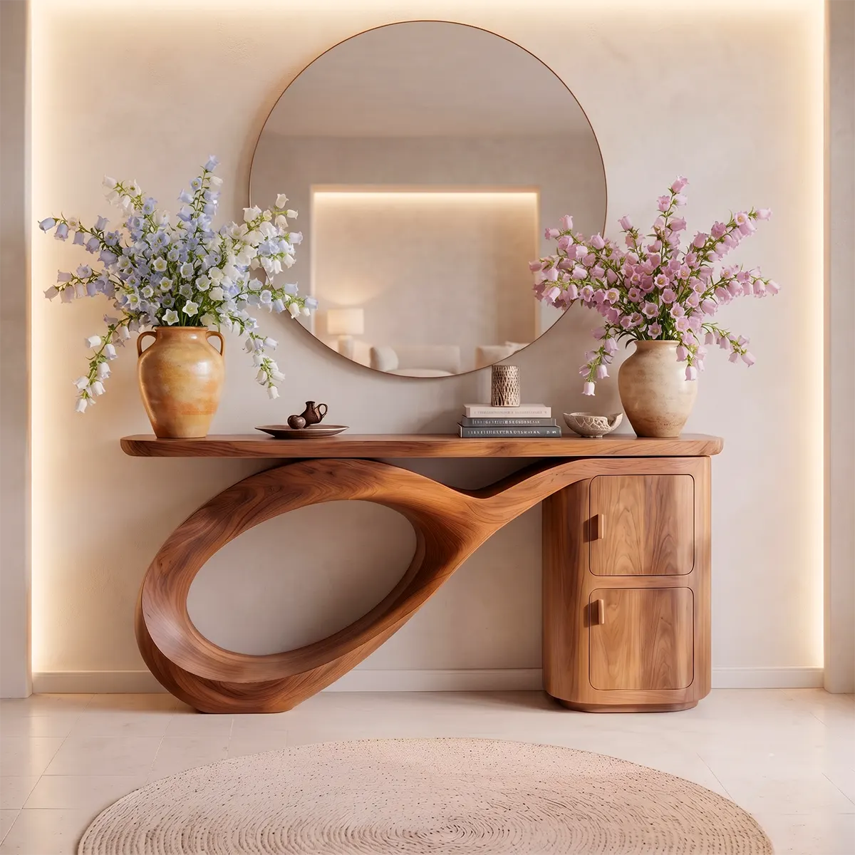 Modern Organic Console Table with Sculptural Wood Base & Storage Cabinet | Luxury Entryway Table TT006-9943