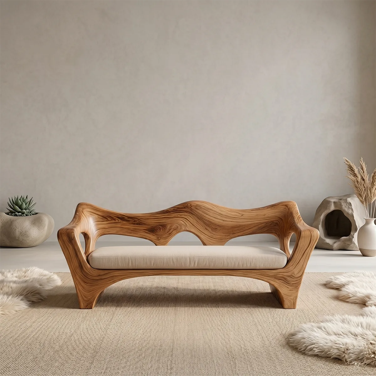 Organic Wave Sculptural Wooden Sofa with Handcrafted Artisan Frame