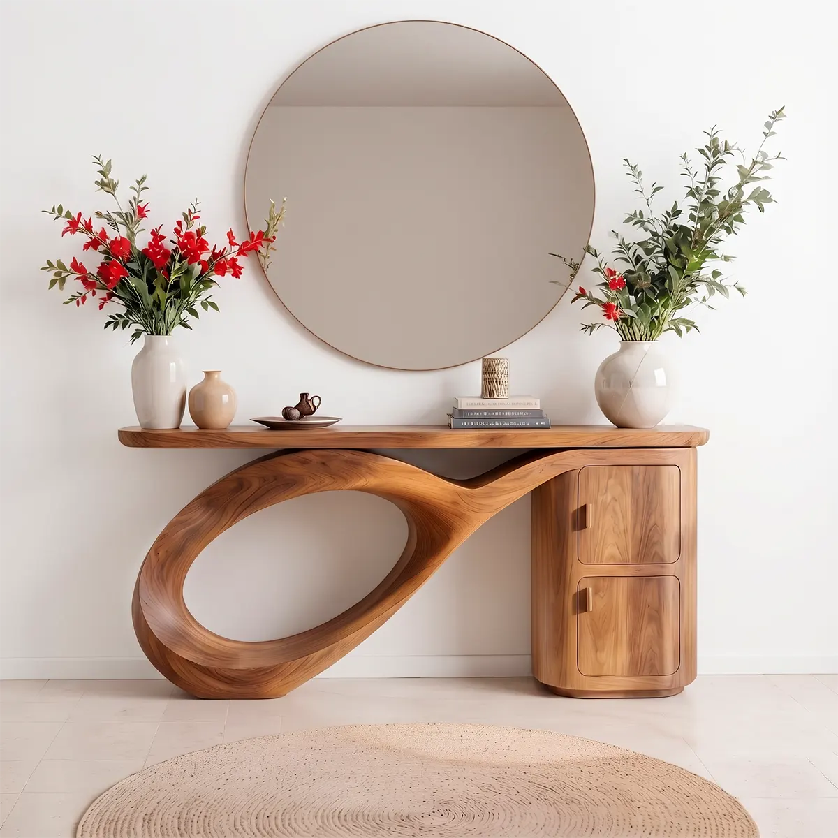 Modern Organic Console Table with Sculptural Wood Base & Storage Cabinet | Luxury Entryway Table TT006-9943
