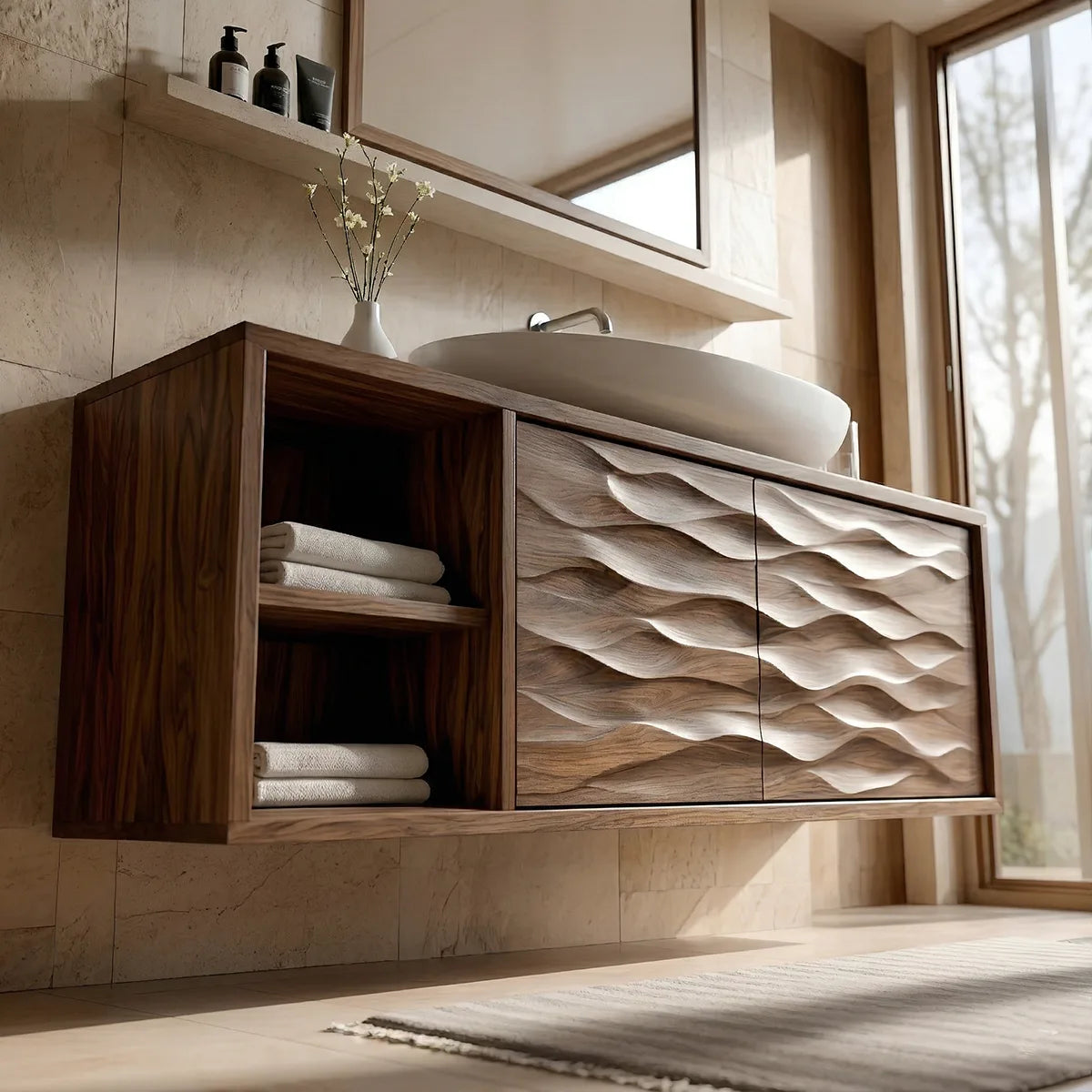 Floating Solid Wood Bathroom Vanity with Carved Wave Doors and Open Side Shelves