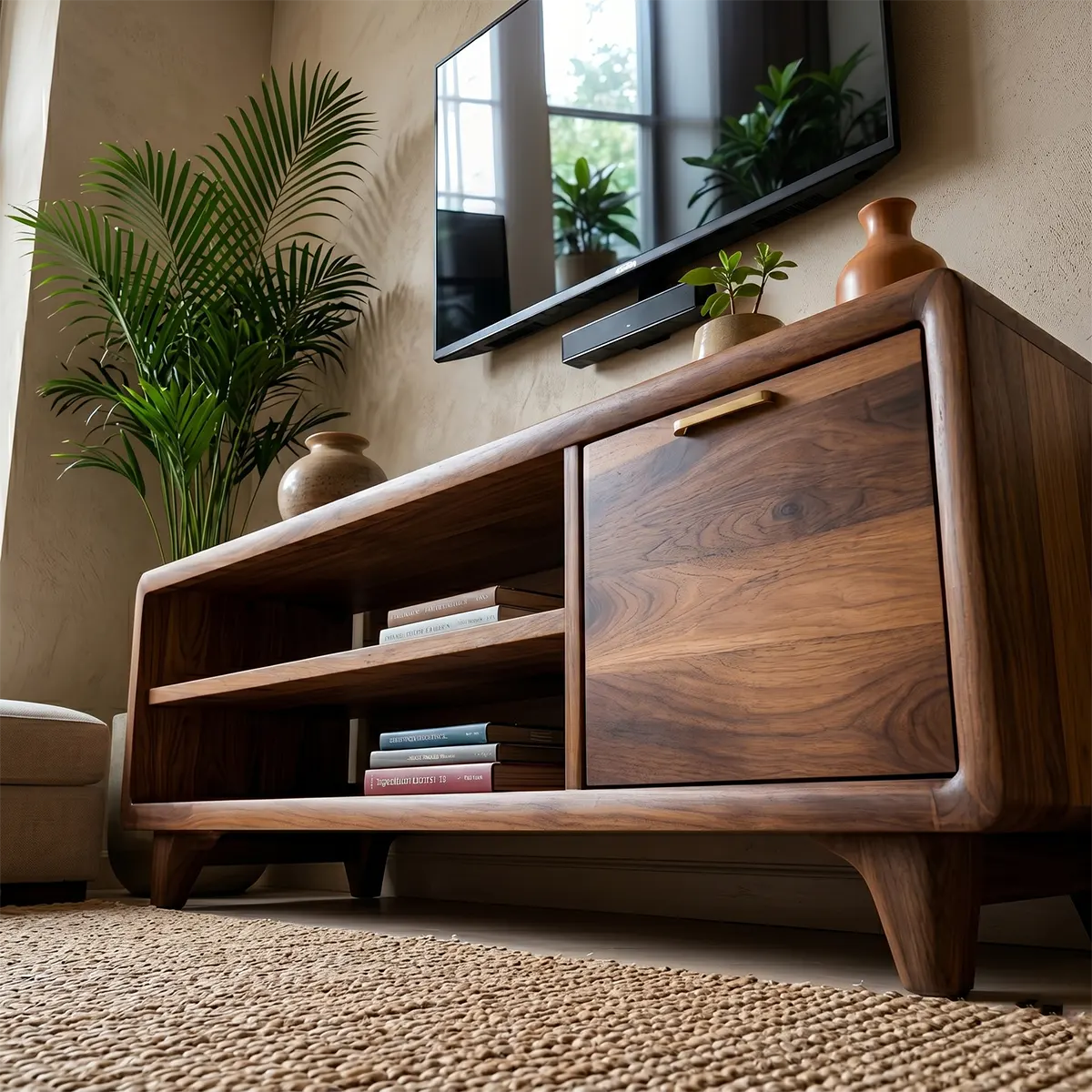 Modern Solid Wood Rounded TV Stand with Cabinet and Open Shelves