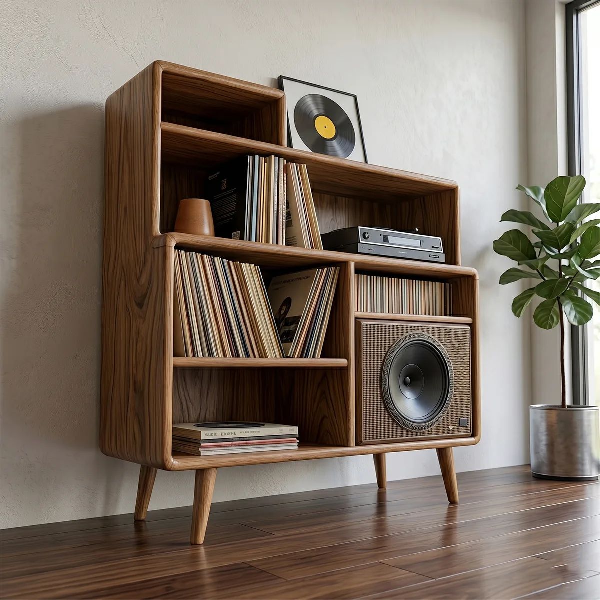 Mid Century Wooden Vinyl Record Storage Cabinet For Living Room