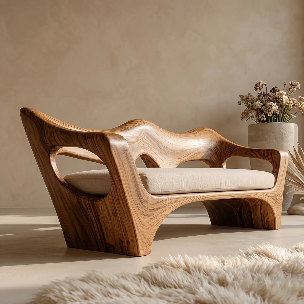 Organic Wave Sculptural Wooden Sofa with Handcrafted Artisan Frame
