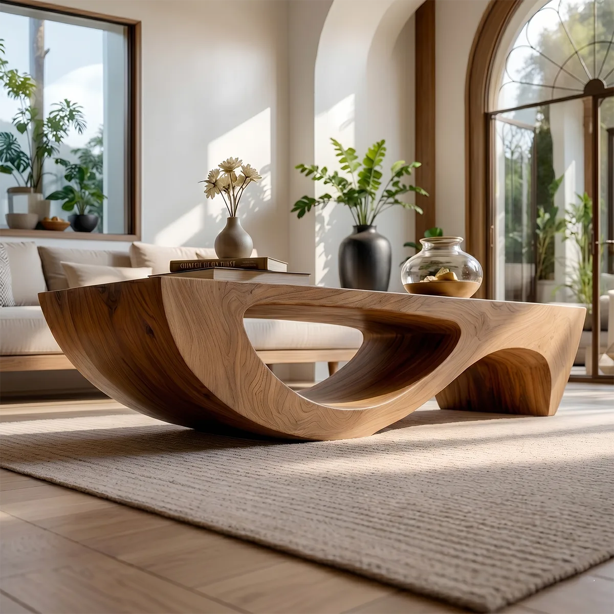 Modern Abstract Sculptural Solid Wood Coffee Table with Fluid Base