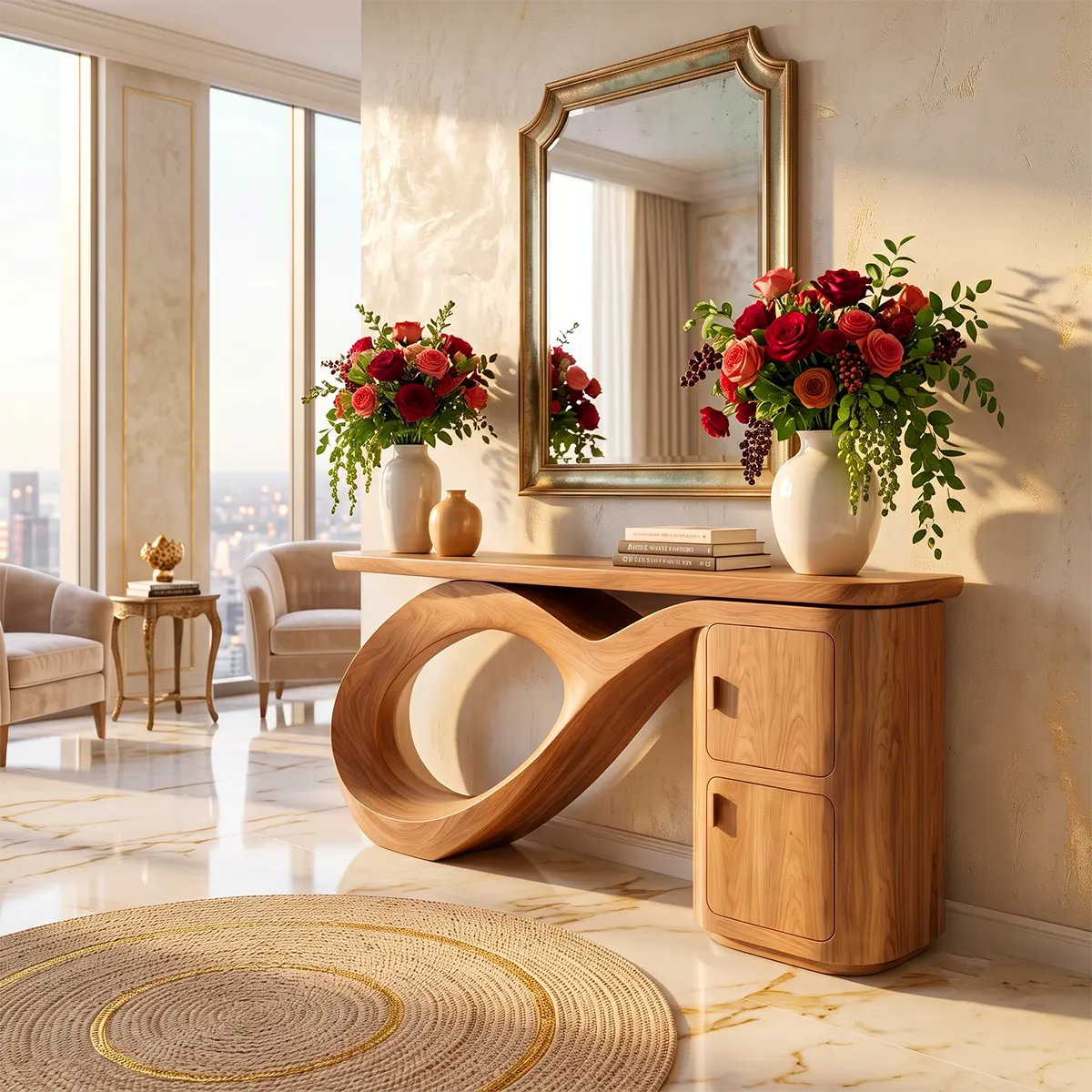 Modern Organic Console Table with Sculptural Wood Base & Storage Cabinet | Luxury Entryway Table TT006-9943