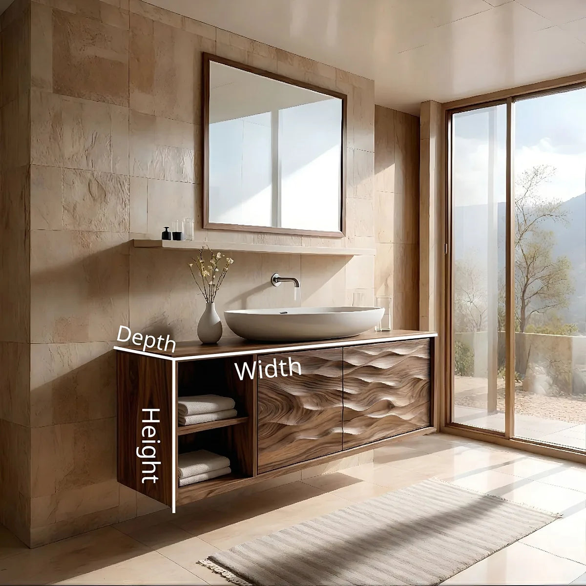 Floating Solid Wood Bathroom Vanity with Carved Wave Doors and Open Side Shelves
