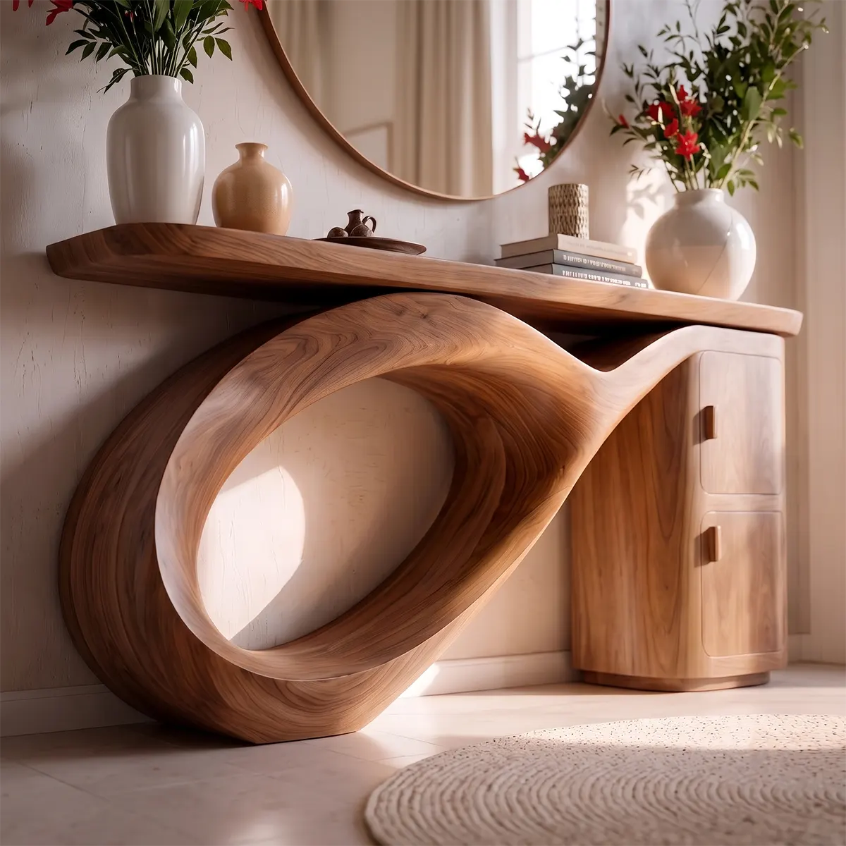 Modern Organic Console Table with Sculptural Wood Base & Storage Cabinet | Luxury Entryway Table TT006-9943
