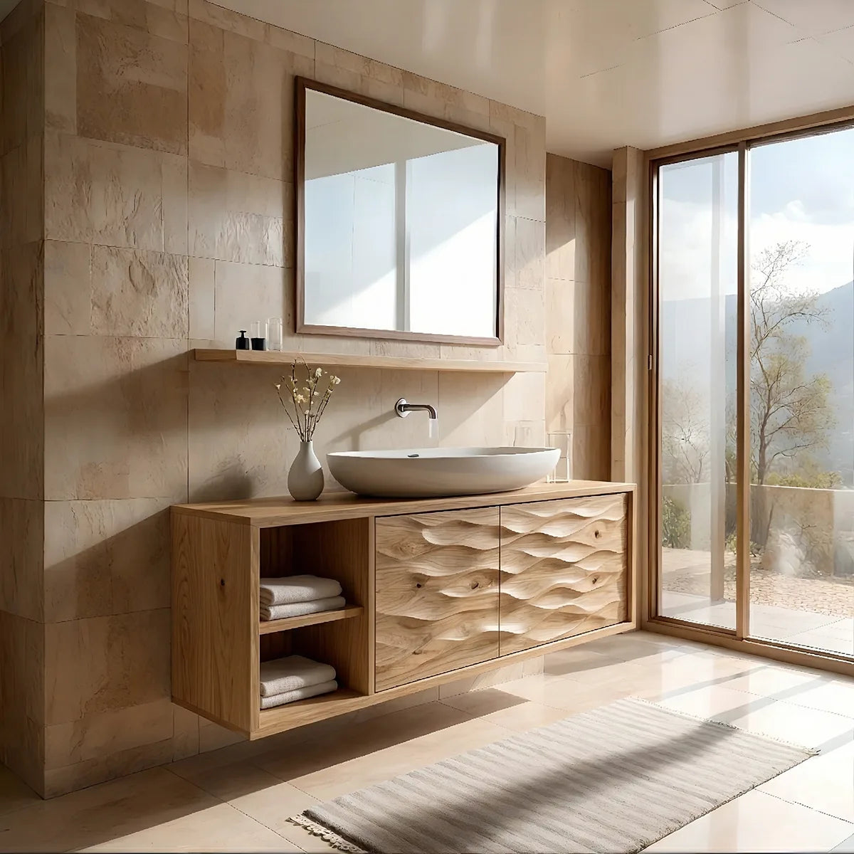 Floating Solid Wood Bathroom Vanity with Carved Wave Doors and Open Side Shelves