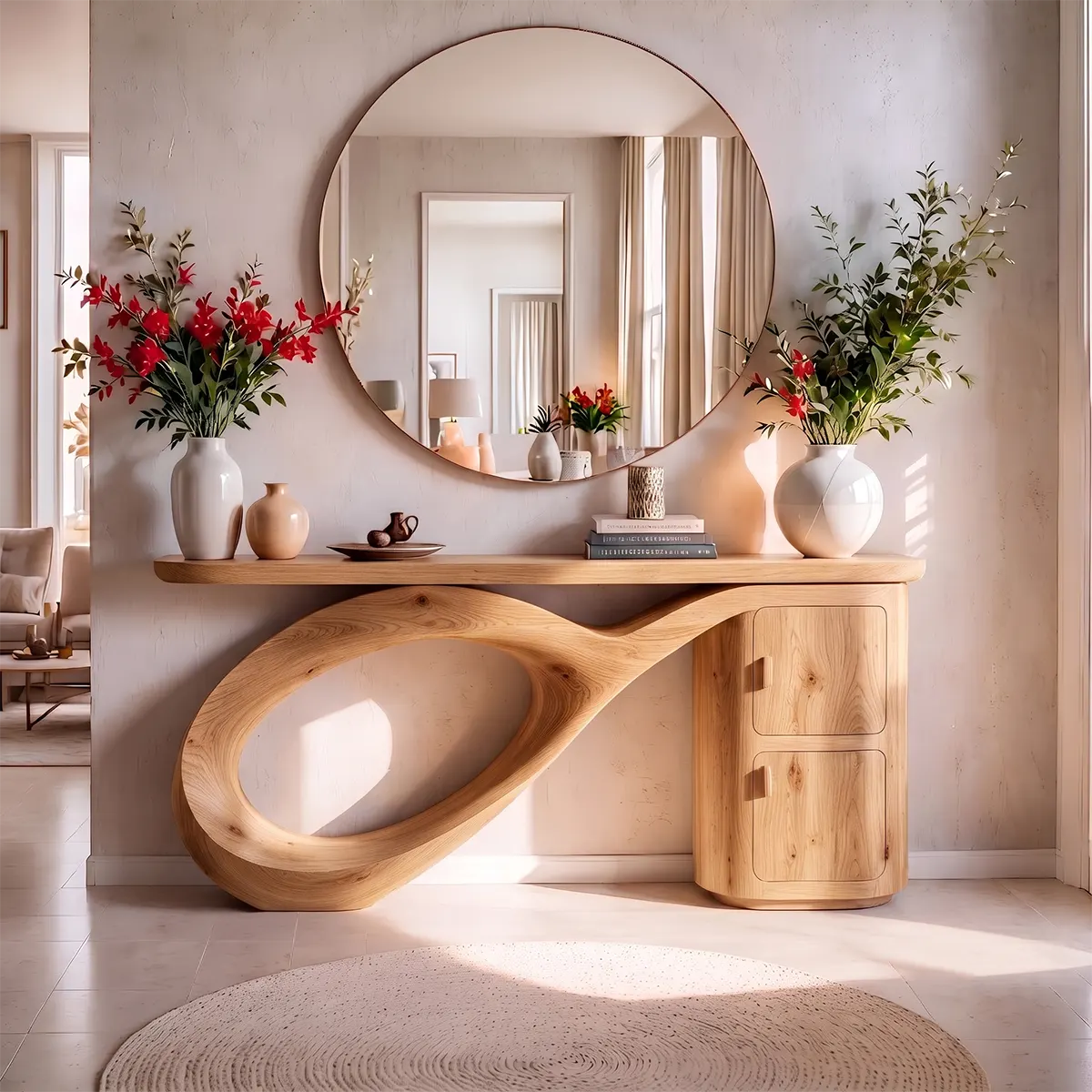 Modern Organic Console Table with Sculptural Wood Base & Storage Cabinet | Luxury Entryway Table TT006-9943