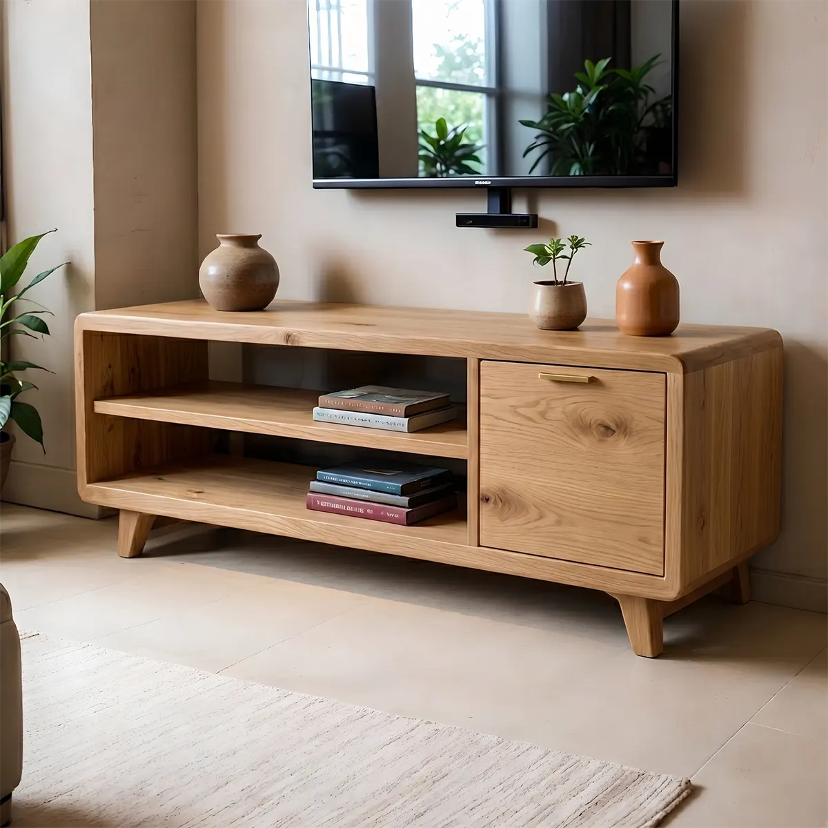Modern Solid Wood Rounded TV Stand with Cabinet and Open Shelves