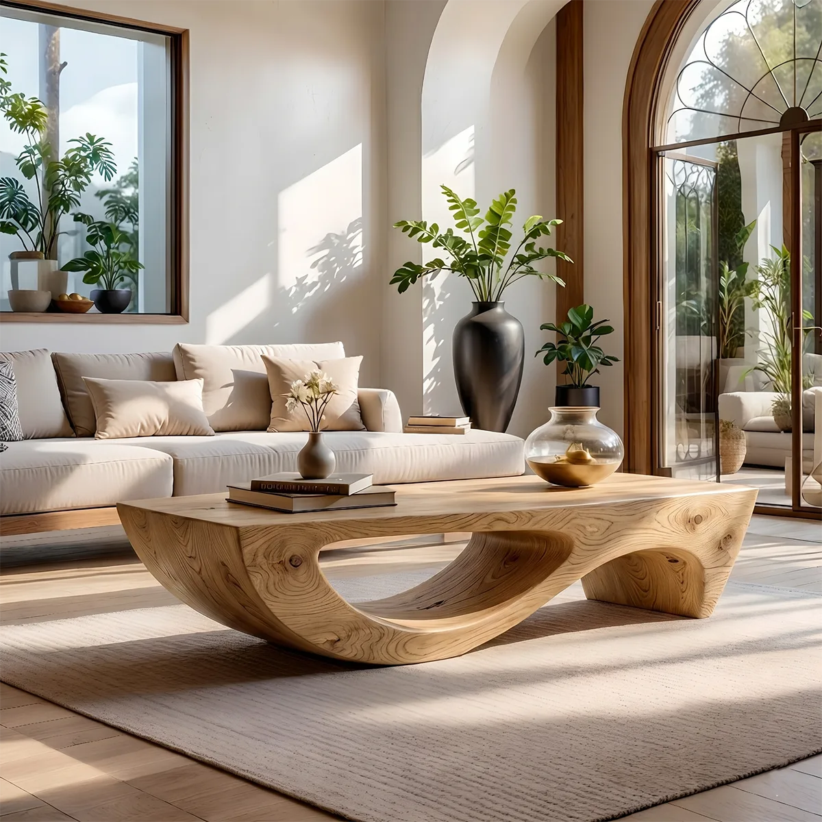 Modern Abstract Sculptural Solid Wood Coffee Table with Fluid Base