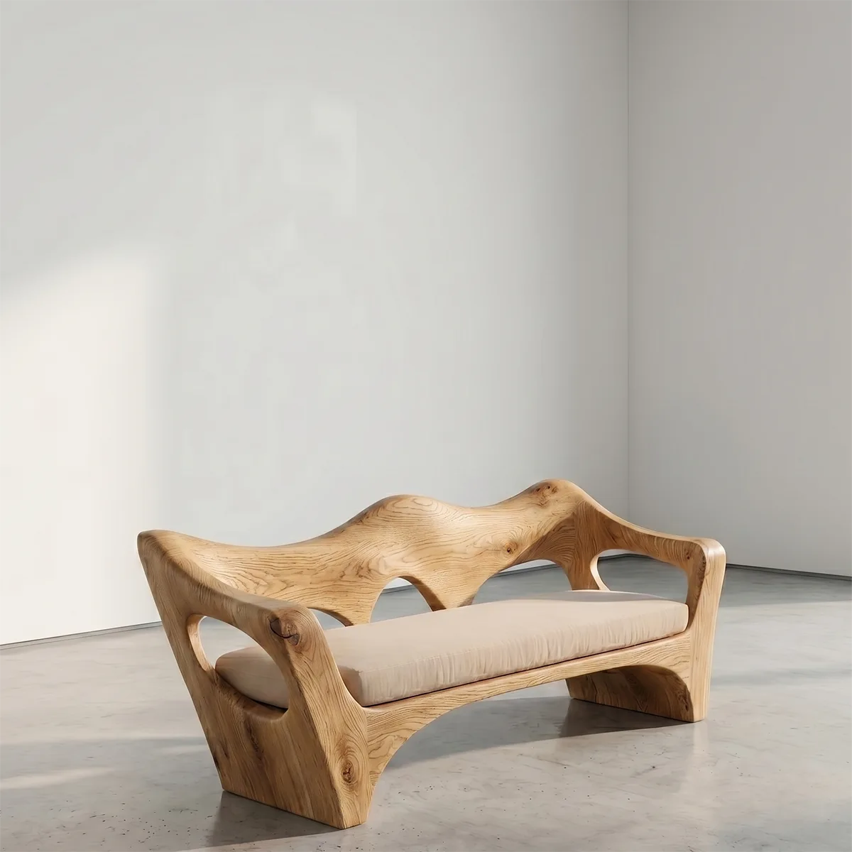 Organic Wave Sculptural Wooden Sofa with Handcrafted Artisan Frame