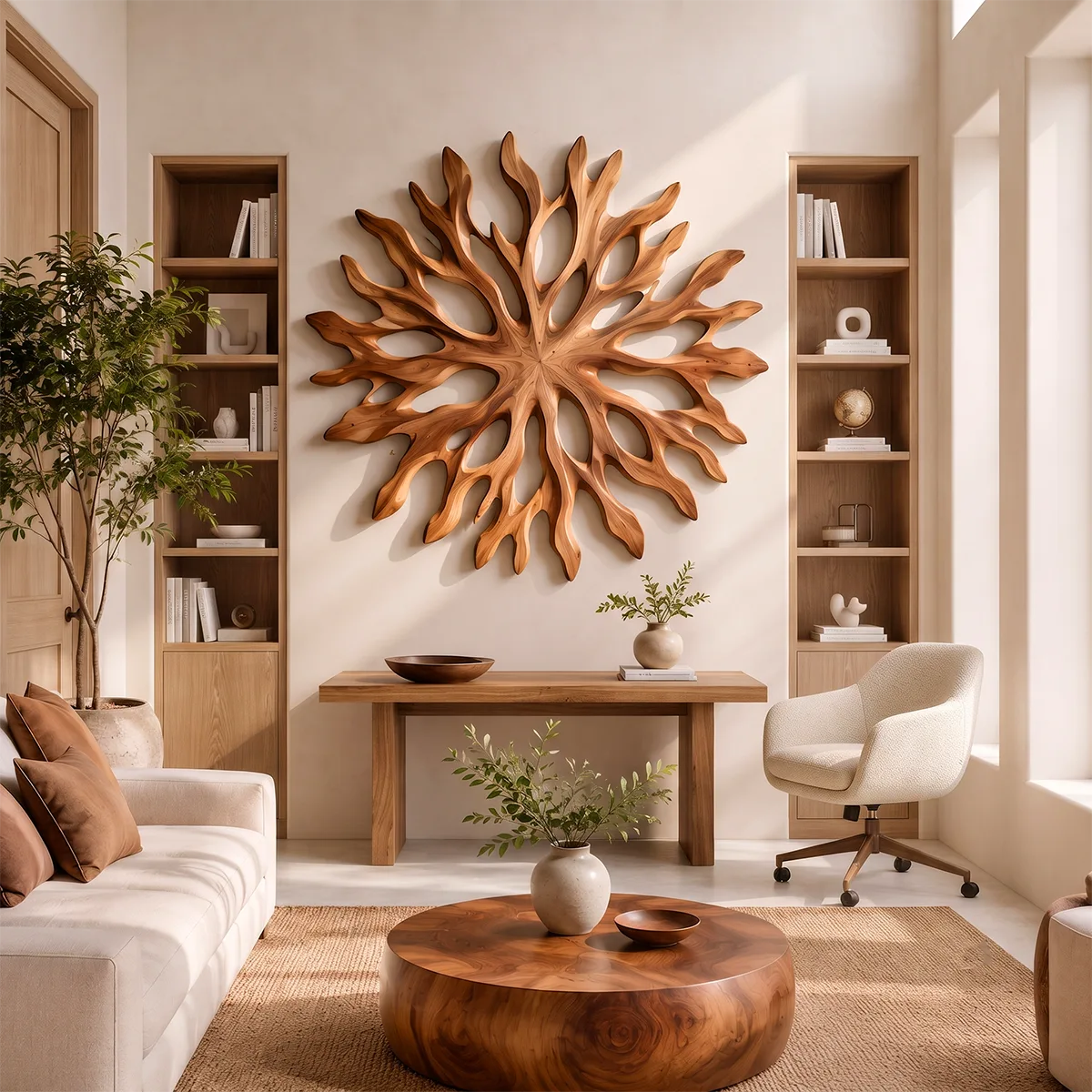 Abstract Sunburst Wood Wall Art | Organic Wooden Wall Decor for Living Room, Entryway & Modern Interiors TT006-3153