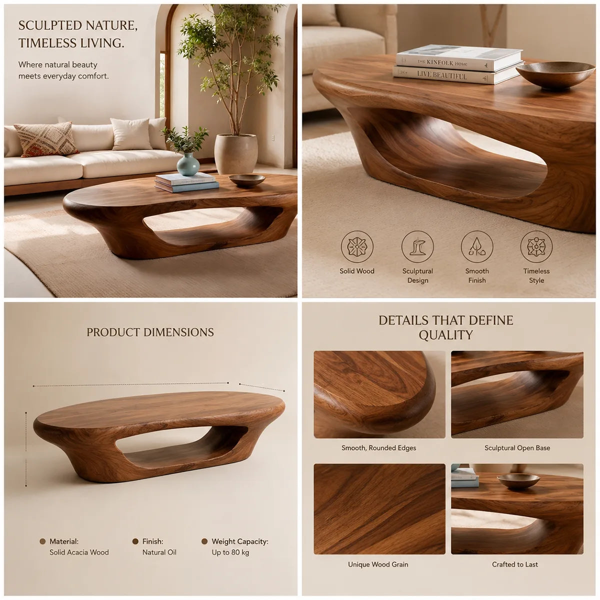 Japandi Oval Coffee Table – Handmade Natural Wood Furniture