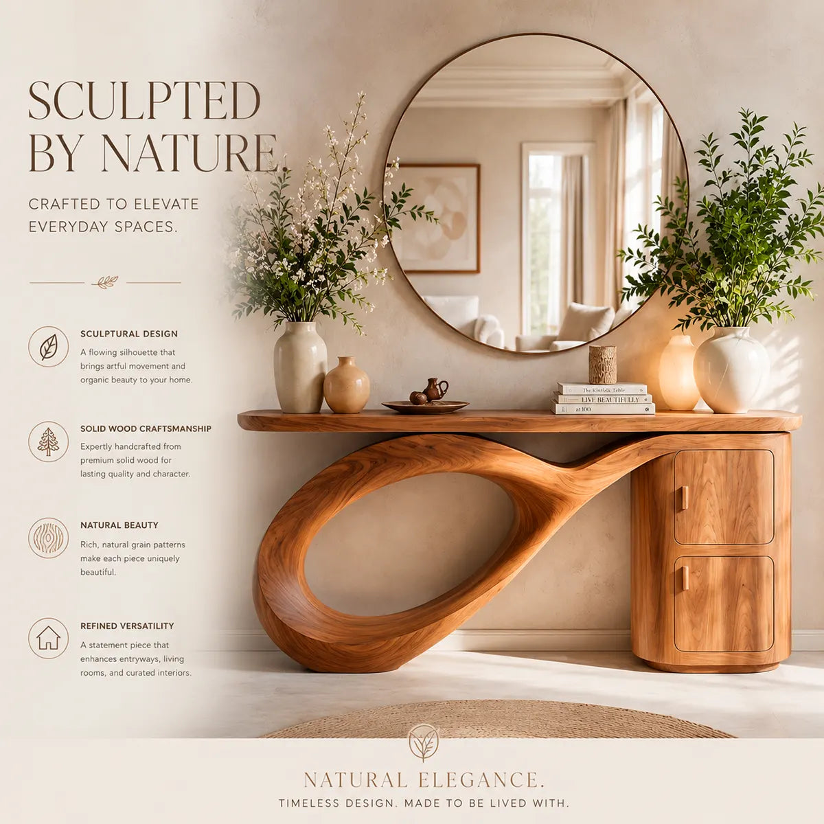 Modern Organic Console Table with Sculptural Wood Base & Storage Cabinet | Luxury Entryway Table TT006-9943