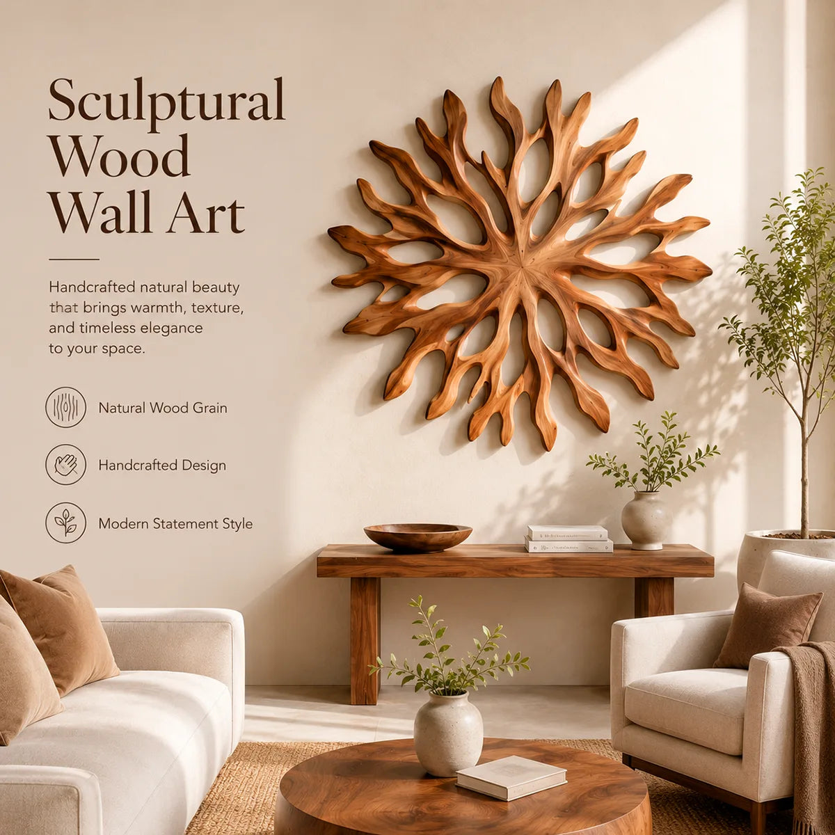 Abstract Sunburst Wood Wall Art | Organic Wooden Wall Decor for Living Room, Entryway & Modern Interiors TT006-3153