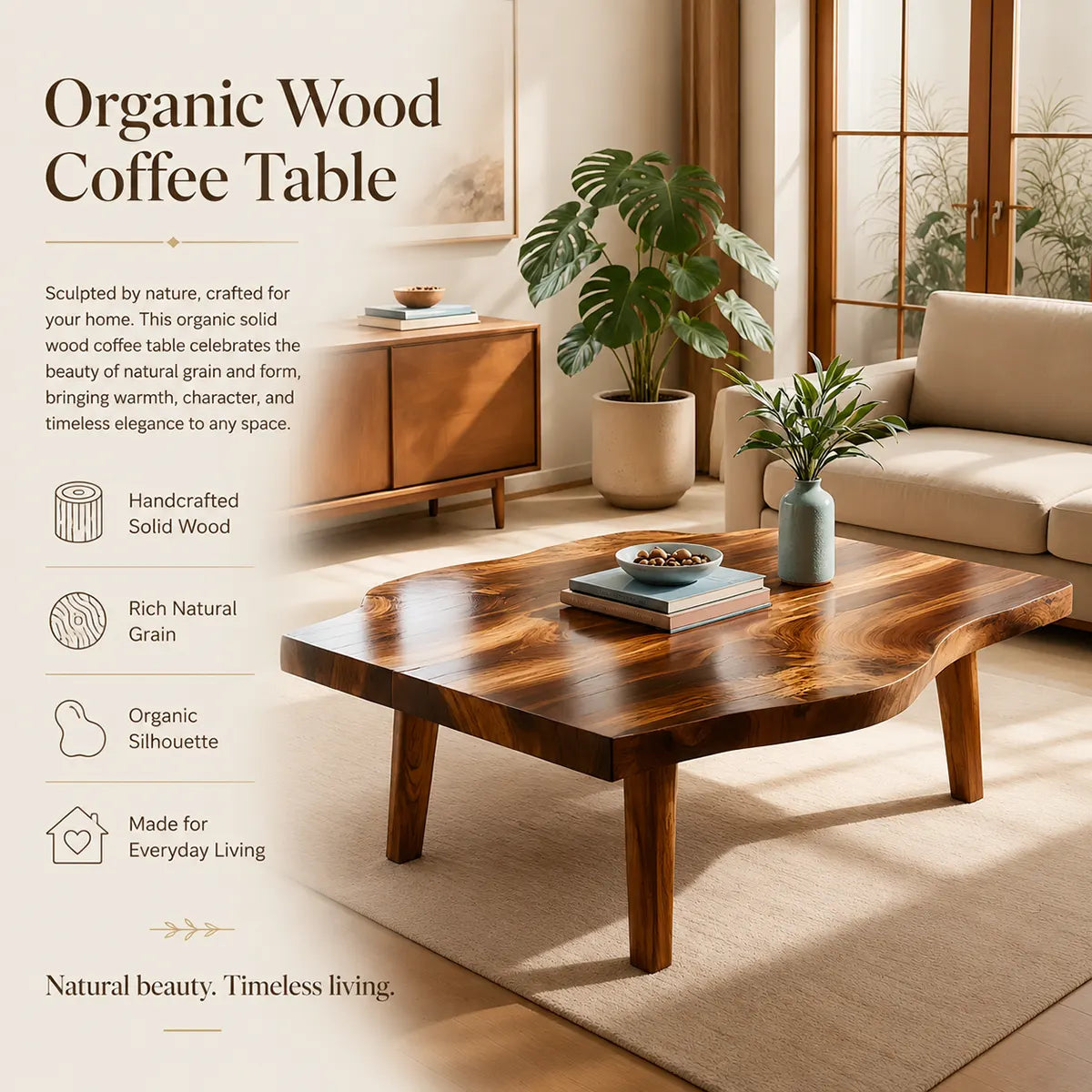 Organic Freeform Coffee Table | Sculptural Solid Wood Living Room Center Table TT006-2605