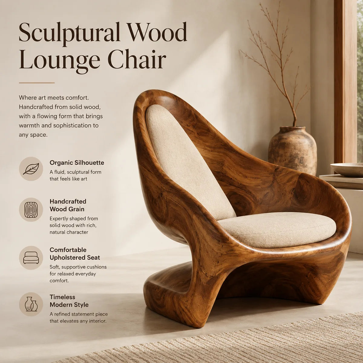 Organic Solid Wood Lounge Chair | Sculptural High Back Wooden Accent Chair TT006-6161