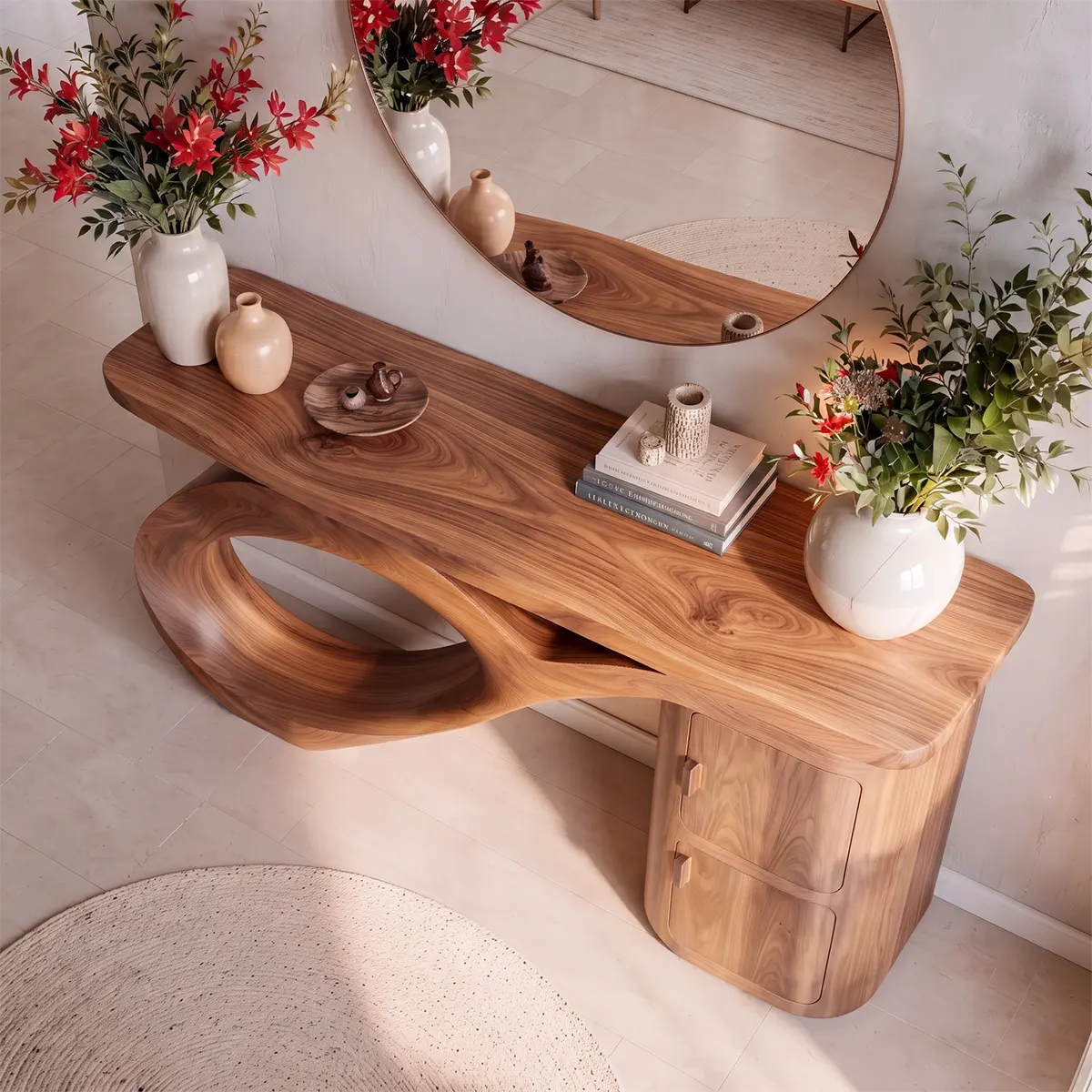 Modern Organic Console Table with Sculptural Wood Base & Storage Cabinet | Luxury Entryway Table TT006-9943