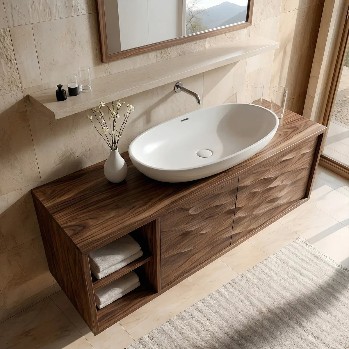 Floating Solid Wood Bathroom Vanity with Carved Wave Doors and Open Side Shelves