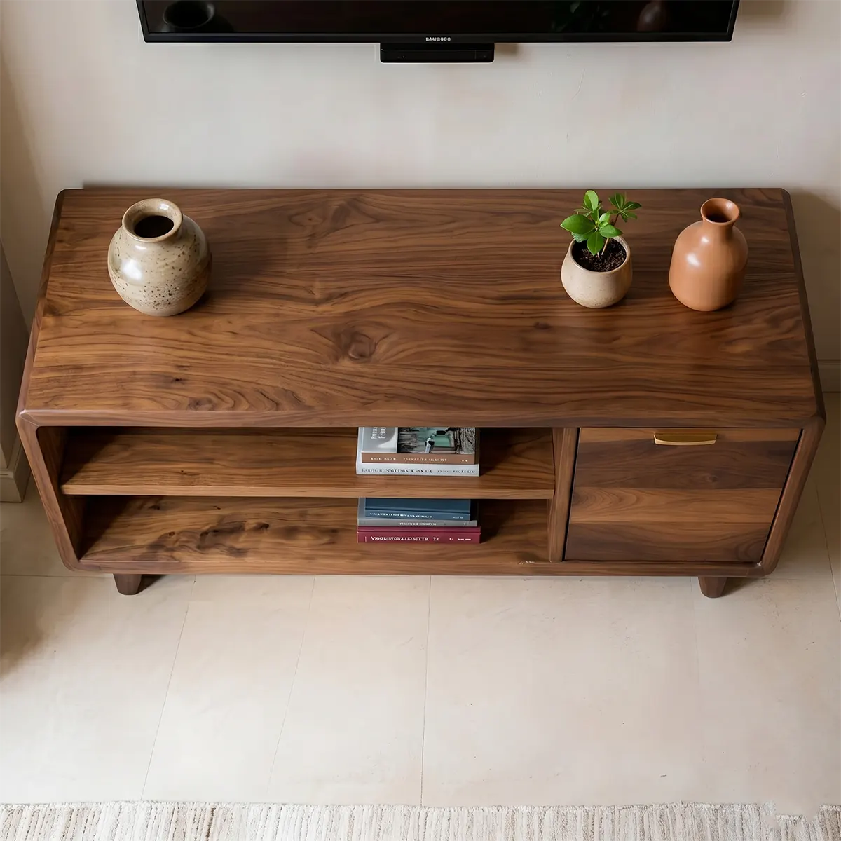 Modern Solid Wood Rounded TV Stand with Cabinet and Open Shelves