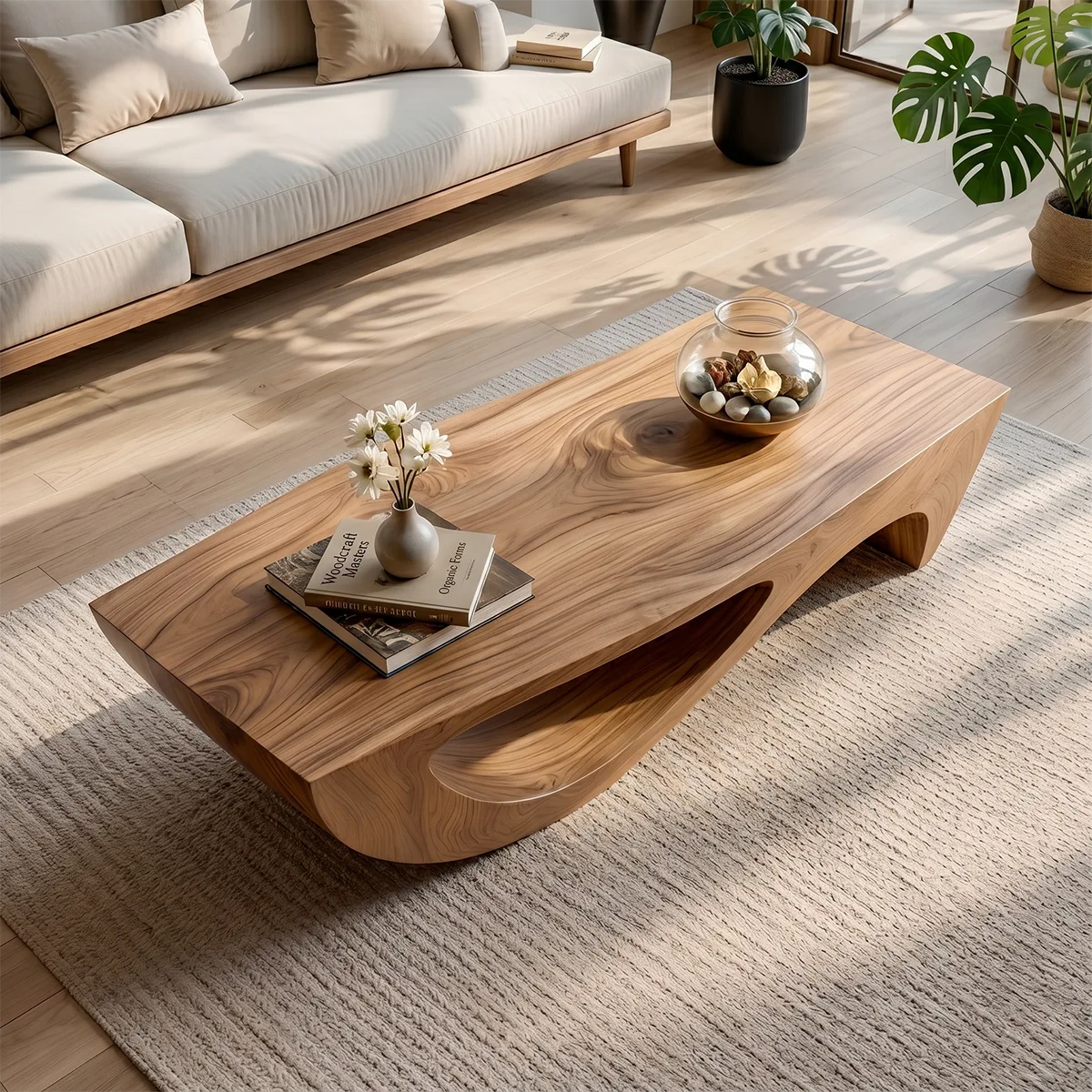 Modern Abstract Sculptural Solid Wood Coffee Table with Fluid Base