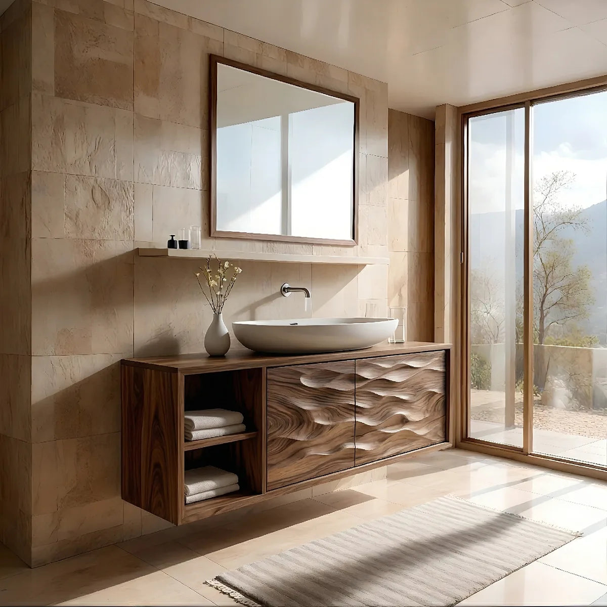 Floating Solid Wood Bathroom Vanity with Carved Wave Doors and Open Side Shelves