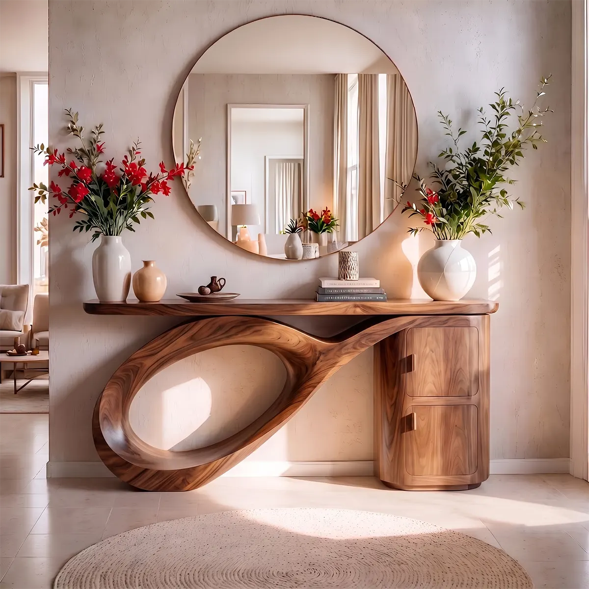 Modern Organic Console Table with Sculptural Wood Base & Storage Cabinet | Luxury Entryway Table TT006-9943