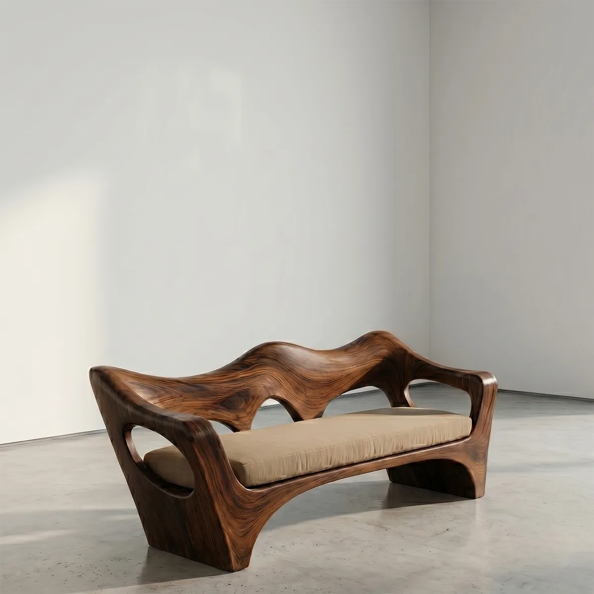 Organic Wave Sculptural Wooden Sofa with Handcrafted Artisan Frame