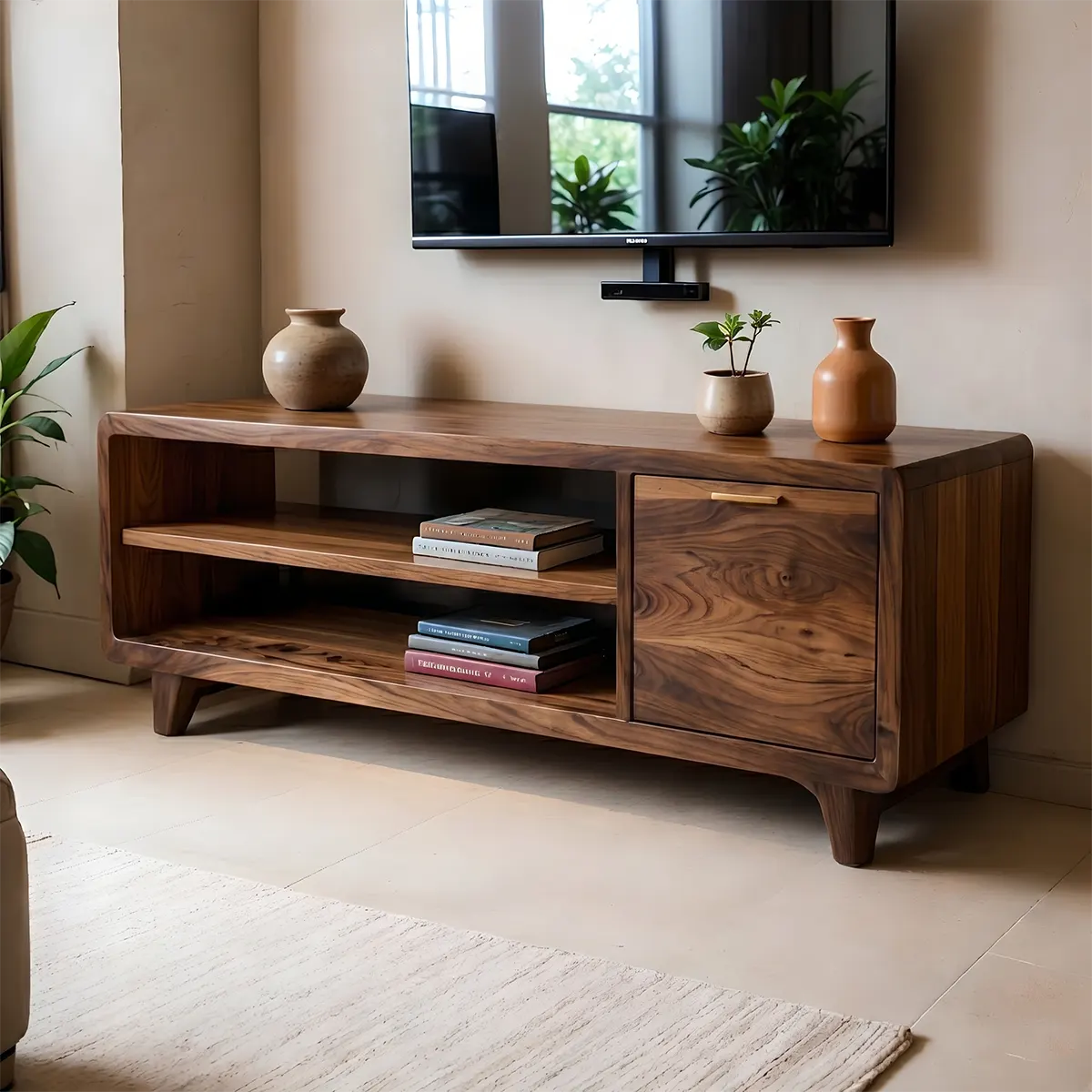 Modern Solid Wood Rounded TV Stand with Cabinet and Open Shelves