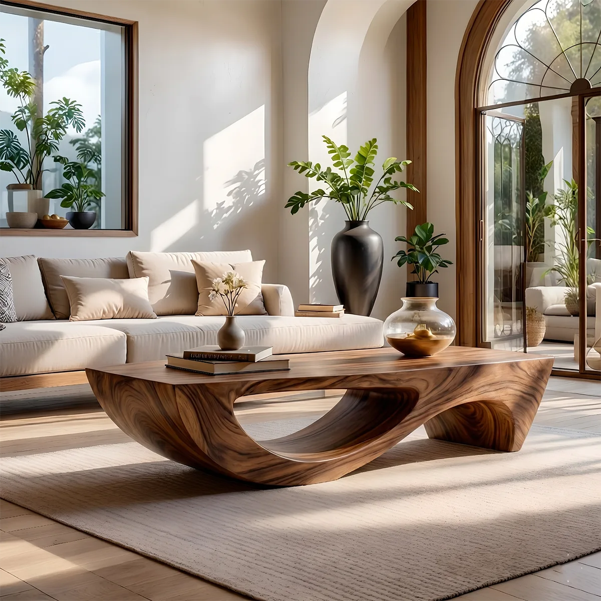 Modern Abstract Sculptural Solid Wood Coffee Table with Fluid Base