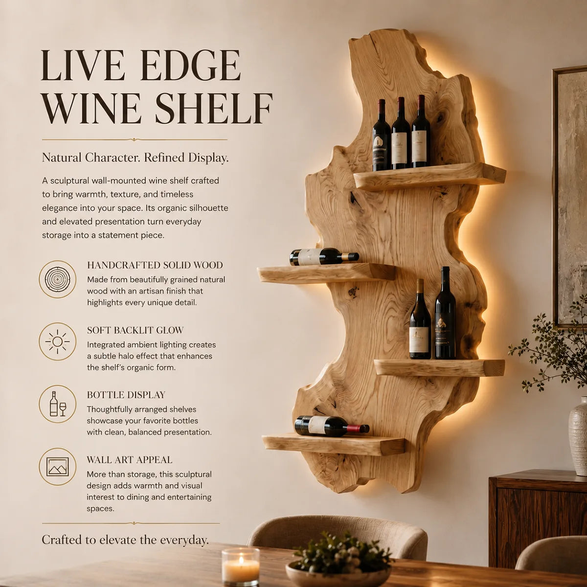 Timber Cascade Live Edge Solid Wood Wall Wine Rack for Home Bars & Wine Lovers TT006-2338