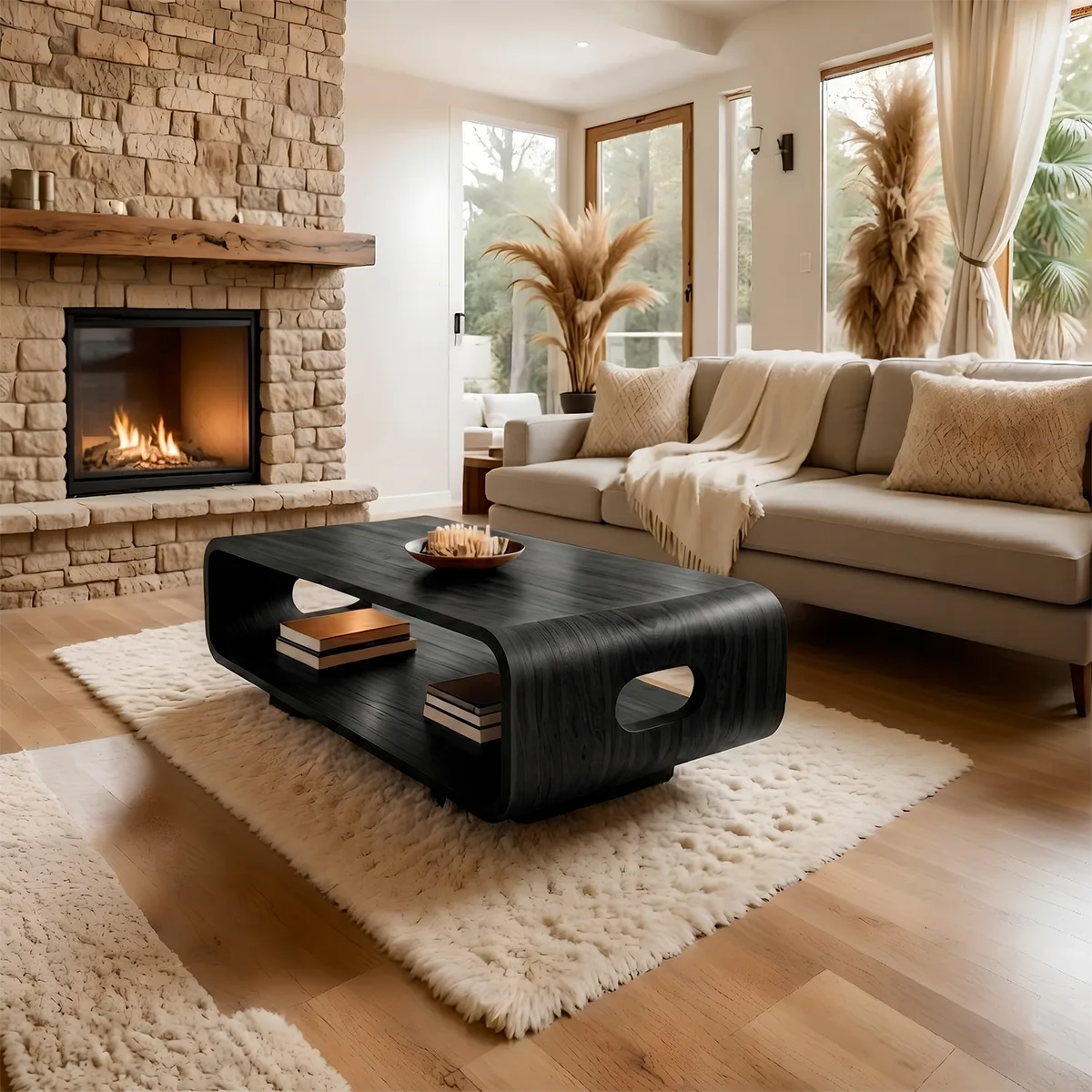 Modern Solid Wood Curved Coffee Table with Open Shelf and Side Cutouts