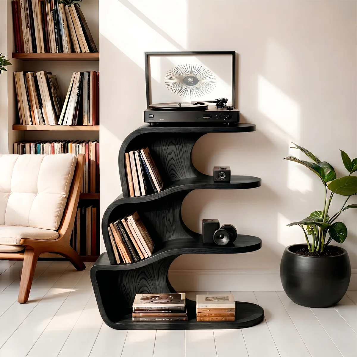Modern Solid Wood Record Player Shelf, Curved Bookcase with Vinyl Storage Display