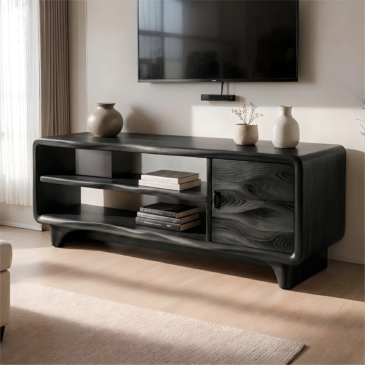 Modern Solid Wood Rounded TV Stand with Wavy Carved Cabinet