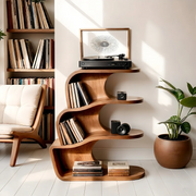 Modern Solid Wood Record Player Shelf, Curved Bookcase with Vinyl Storage Display