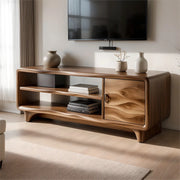 Modern Solid Wood Rounded TV Stand with Wavy Carved Cabinet