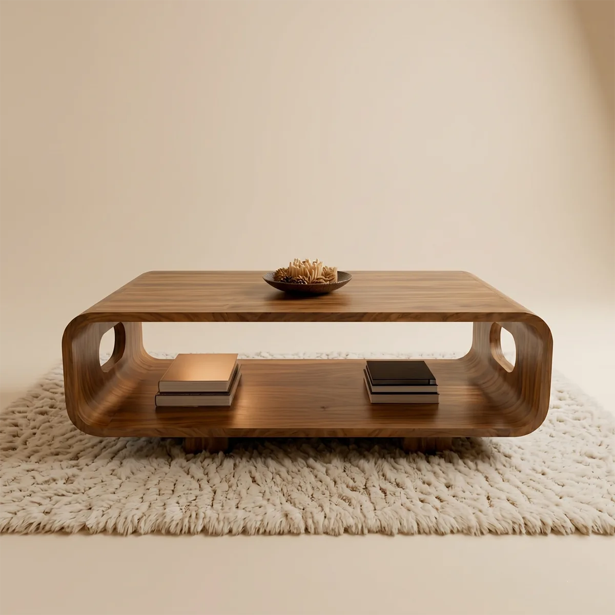 Modern Solid Wood Curved Coffee Table with Open Shelf and Side Cutouts