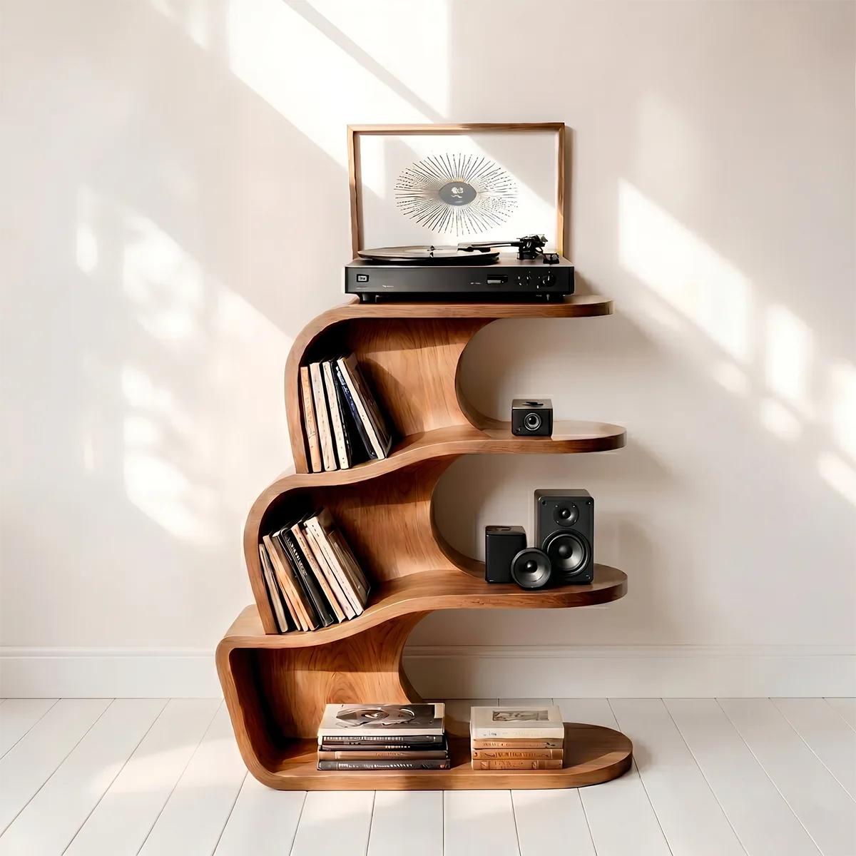 Modern Solid Wood Record Player Shelf, Curved Bookcase with Vinyl Storage Display