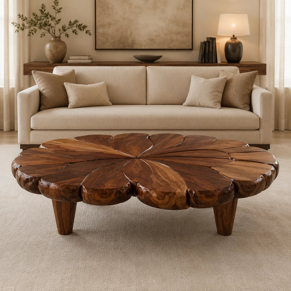 Handcrafted Solid Wood Flower Coffee Table with Sculpted Petal Top TT006-6613