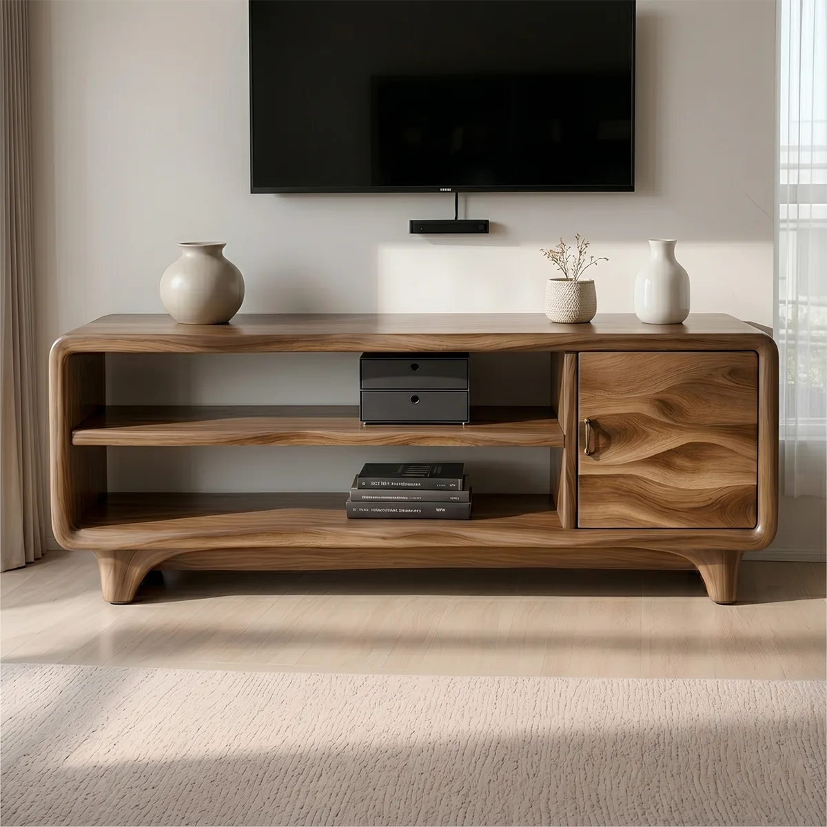 Modern Solid Wood Rounded TV Stand with Wavy Carved Cabinet