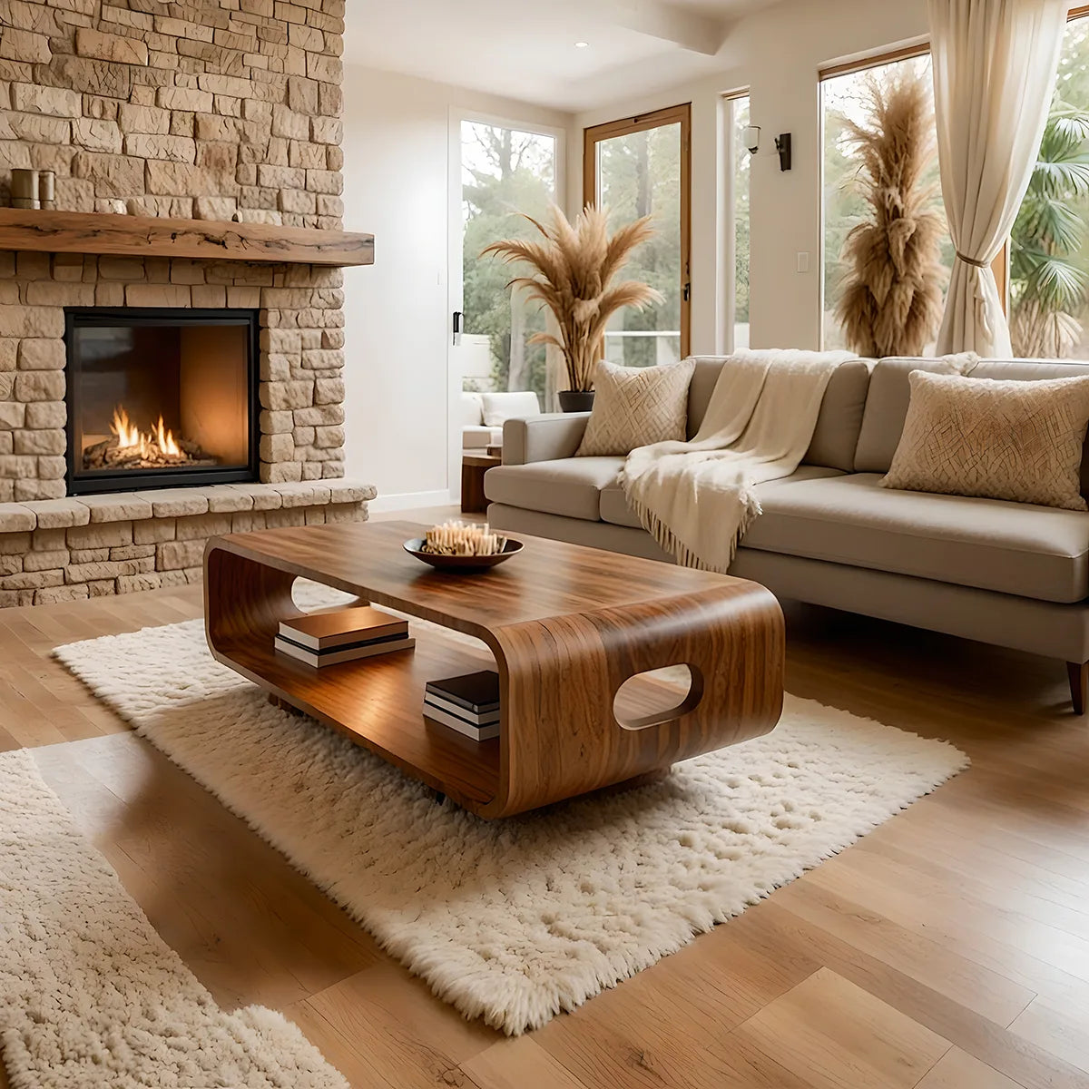 Modern Solid Wood Curved Coffee Table with Open Shelf and Side Cutouts