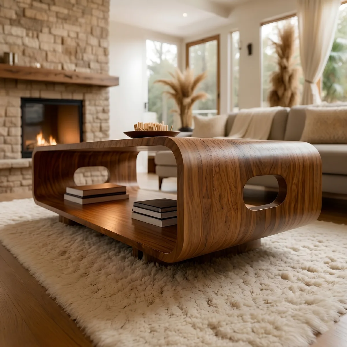 Modern Solid Wood Curved Coffee Table with Open Shelf and Side Cutouts