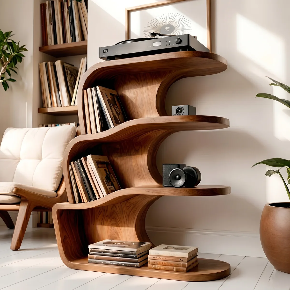 Modern Solid Wood Record Player Shelf, Curved Bookcase with Vinyl Storage Display