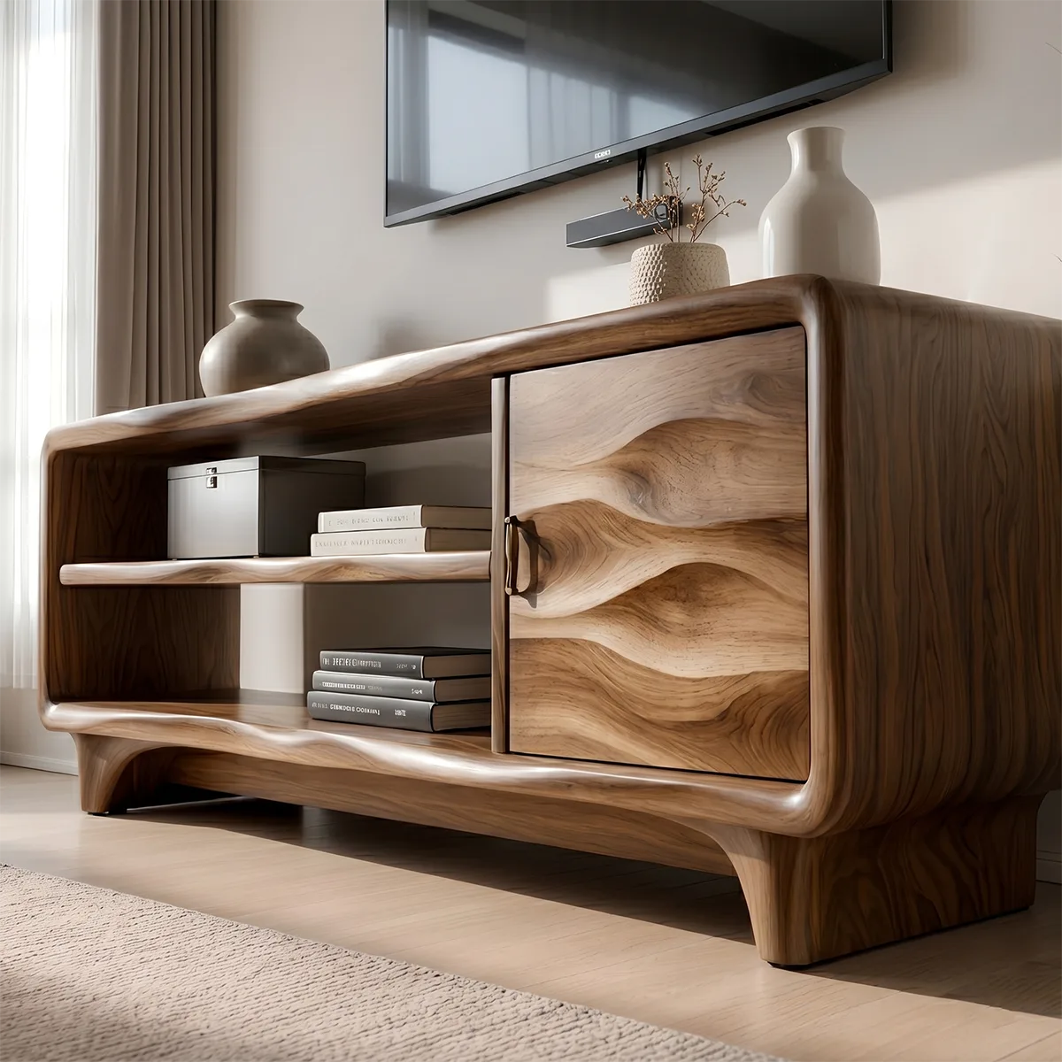 Modern Solid Wood Rounded TV Stand with Wavy Carved Cabinet